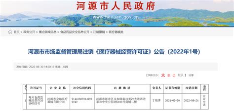 广东省河源市市场监督管理局注销《医疗器械经营许可证》公告（2022年1号）-中国质量新闻网