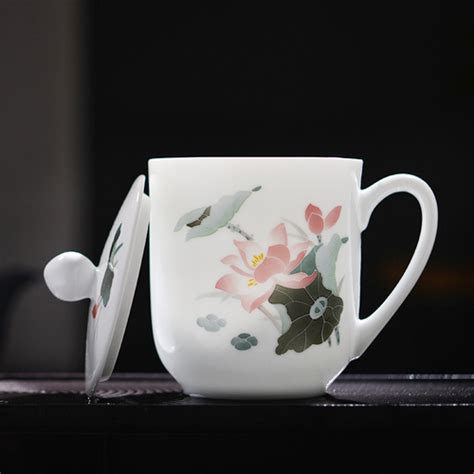 醴陵手绘办公室茶杯陶瓷单个带盖把手会议水杯子非骨瓷杯礼品定制_慢享旅行