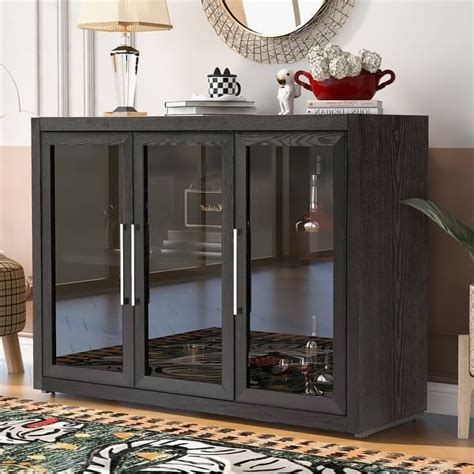 Wood Storage Cabinet with Tempered Glass Doors and Adjustable Shelf ...