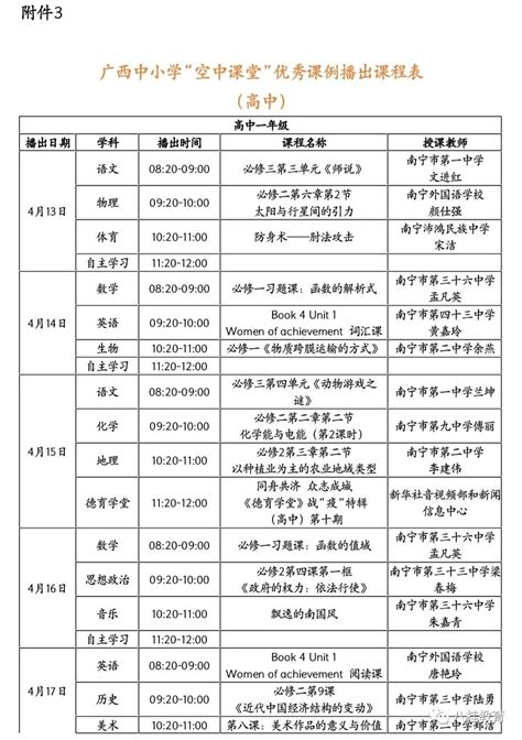 广西中小学“空中课堂”课程表完整版公布（4月13日-17日）