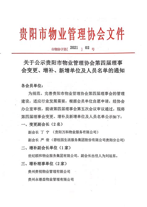 关于公示贵阳市物业管理协会第四届理事会变更、增补、新增单位及人员名单的通知 – 贵阳市物业管理协会