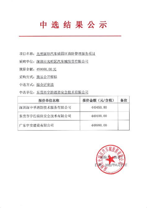 中标公示 - 通知公告 - 深圳市光明区汽车城投资有限公司