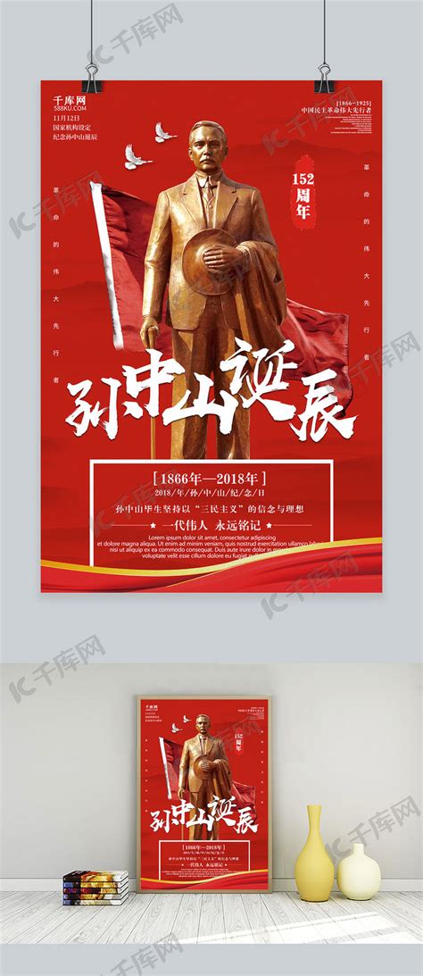 鎏金红色孙中山诞辰154周年纪念日海报模板-包图网