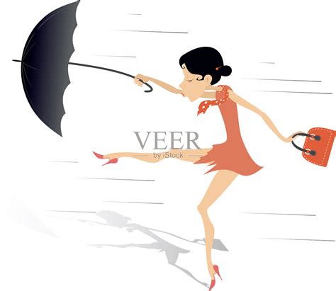 狂风暴雨，女人带着伞插画图片素材_ID:371643860-Veer图库