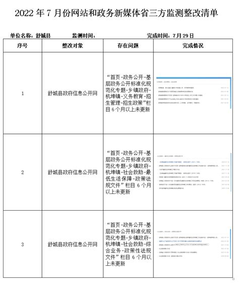 2022年7月份网站和政务新媒体省三方监测整改清单_舒城县人民政府