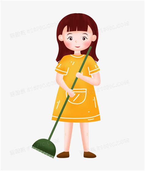 手绘卡通拿着扫把扫地的女孩图片免费下载_PNG素材_编号1yqil0rd8_图精灵