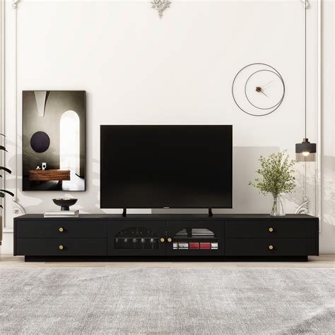 TV Stand Media Cabinets w/ Fluted Glass Doors for TVs Up to 90", Black ...
