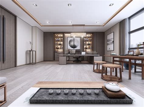 新中式办公区|space|Home Decoration Design|一九九二效果图_Original作品-站酷ZCOOL