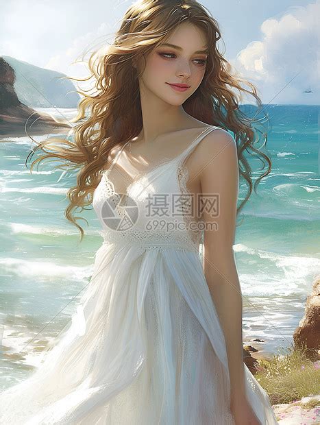 海边白裙女子风中倩影插画图片下载-正版图片601092972-摄图网