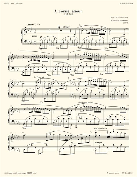 秋日私语》理查德·克莱德曼 带指法 完整版,钢琴谱》理查德·克莱德曼（五线谱 钢琴曲 指法）-弹吧|蛐蛐钢琴网
