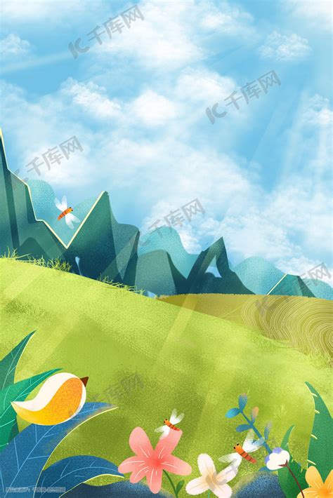 小清新唯美草地花朵植物小鸟蜻蜓治愈阳光插画图片-千库网