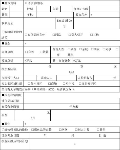 加盟申请表(个人)_word文档免费下载_文档大全