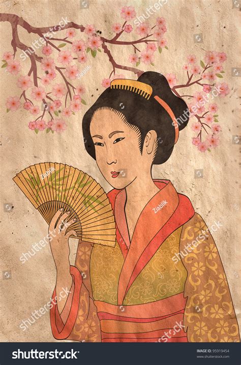 Japanese Geisha And Oriental Cherry - Illustration In Style Of ...