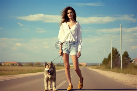 公路上牵着狗的女孩高清图片下载-正版图片600645823-摄图网