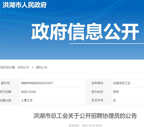 2023湖北荆州洪湖市总工会关于招聘协理3名（12月6日至12日报名）