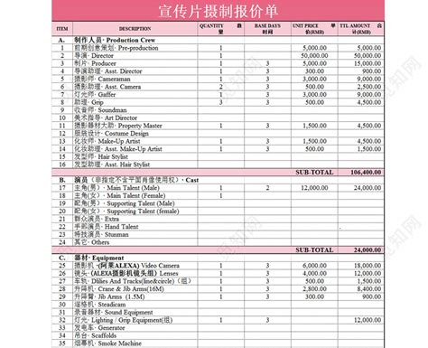 粉色宣传片摄制报价单excel模板下载 - 觅知网