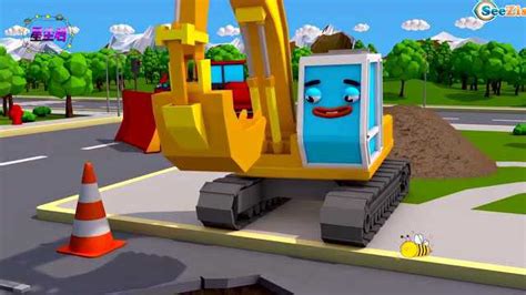 卡通挖掘机视频动画，挖掘机和推土机一起合作厉害的工程车