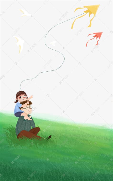 父亲节唯美天空坐在草地放风筝的父女素材图片免费下载-千库网