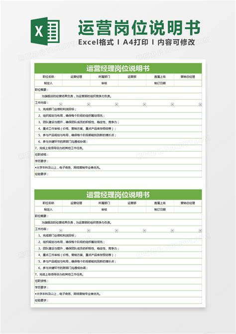 绿色简约运营经理岗位说明书模版Excel模板下载_熊猫办公