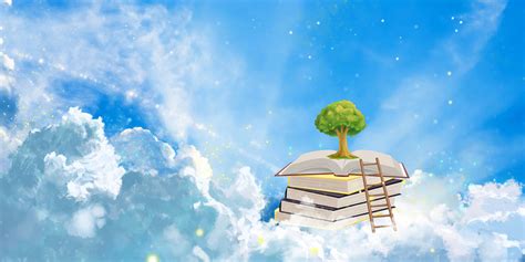 蓝色手绘唯美在云上读书看书学习天空书本大树梯子展板背景PSD免费下载 - 图星人