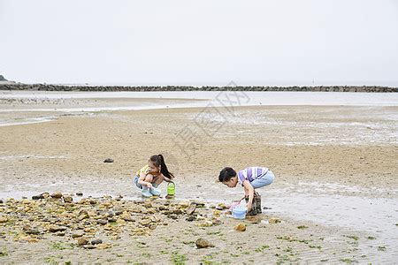 在海边捡石子的一家人高清图片下载-正版图片502217738-摄图网