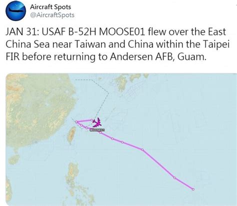 台媒：美军B52轰炸机近期曾飞入台北飞航情报区巡航_手机新浪网