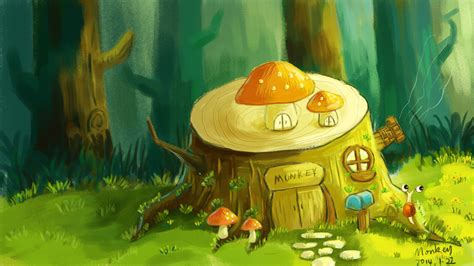 手绘森林里的小木屋插画图片-千库网