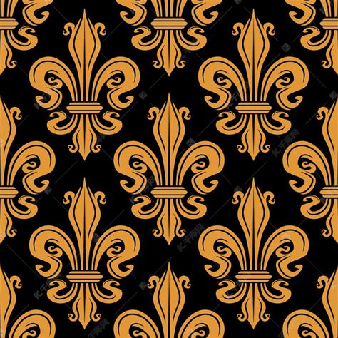 法国花卉装饰品在黑色背景下的无缝金色皇家百合花图案。素材图片免费下载-千库网