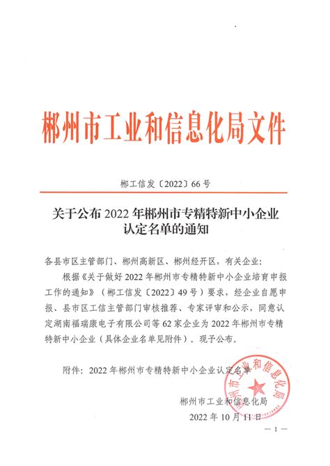 2022年郴州市专精特新中小企业认定名单