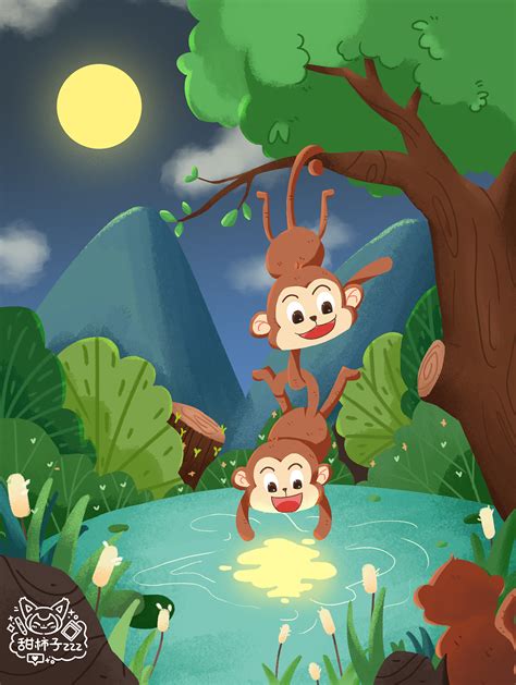 手绘水彩寓言故事之猴子捞月插画图片下载-正版图片402432933-摄图网