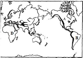读“世界主要山脉分布图 .完成下列要求: ⑴写出图中字母代表的山脉及其所在大洲的名称: A是____山脉.在____洲.B是____山脉.在 ...
