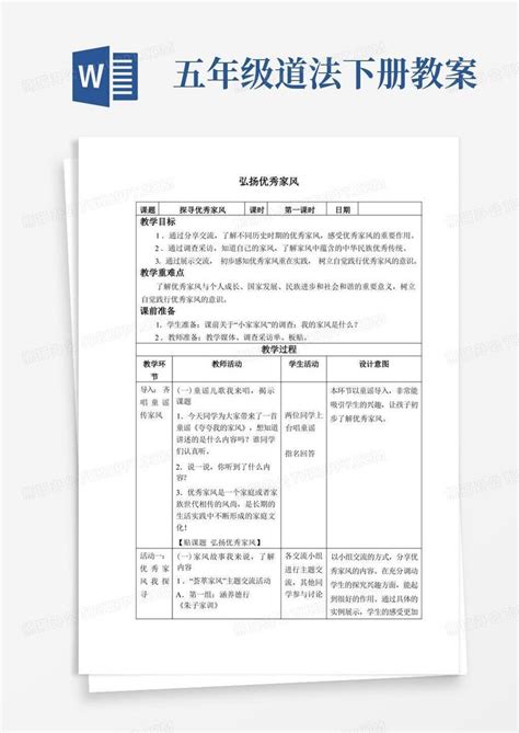 统编版春学期小学道法与法治五年级下册教案第3课弘扬优秀家风-人教部编版Word模板下载_编号lgvowavq_熊猫办公