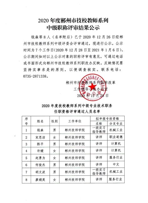 2020年度郴州市技校教师系列中级职称评审通过人员名单公示-湖南职称评审网