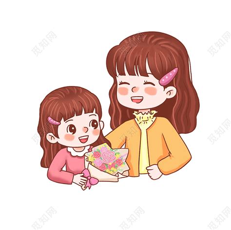 可爱卡通温馨母亲节小女孩和妈妈插画素材免费下载 - 觅知网