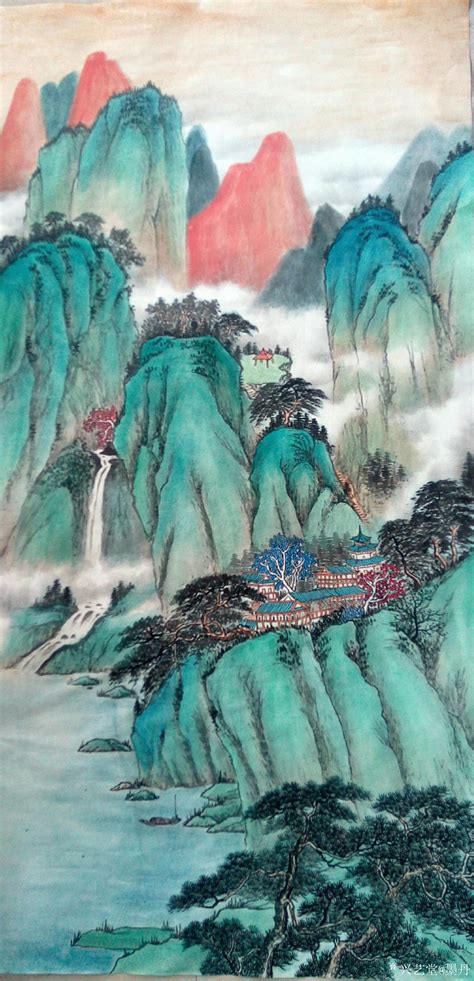 四尺山水，名家青绿山水国画-精品书画,一手货源,木微画院名家书画真迹