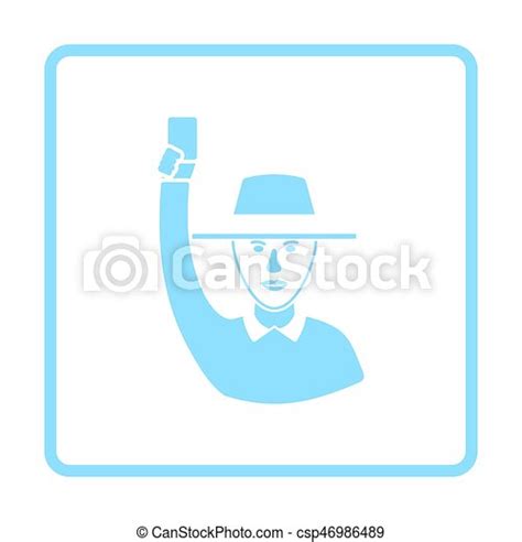 Cricket umpire with hand holding card icon. blue frame design. vector ...