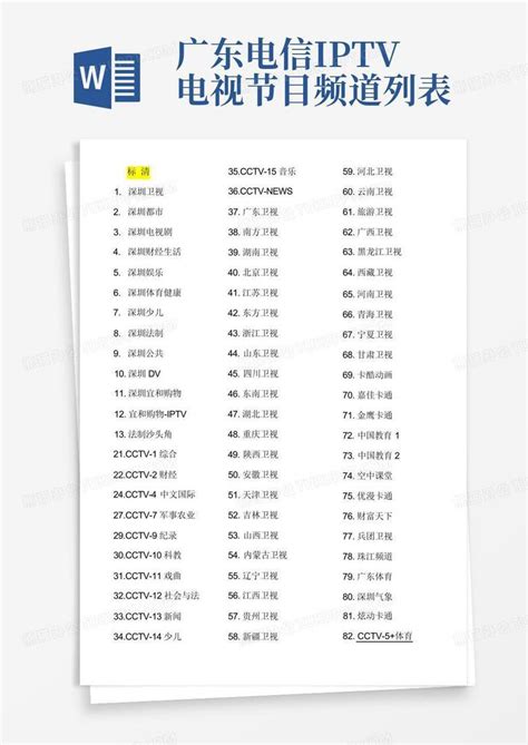 中国电信网络电视频道表Word模板下载_编号ljbzezxy_熊猫办公