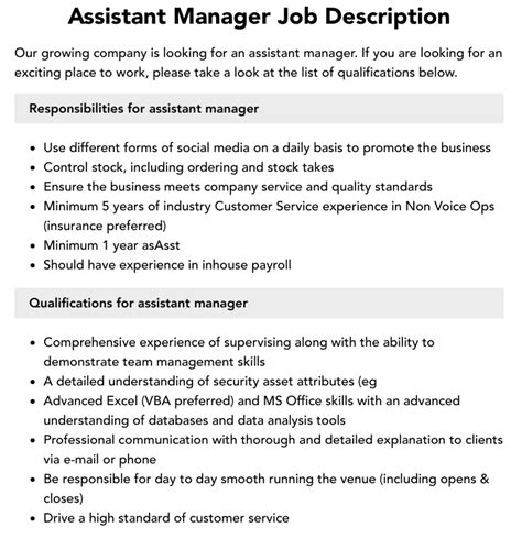 Assistant Manager Job Description | Velvet Jobs