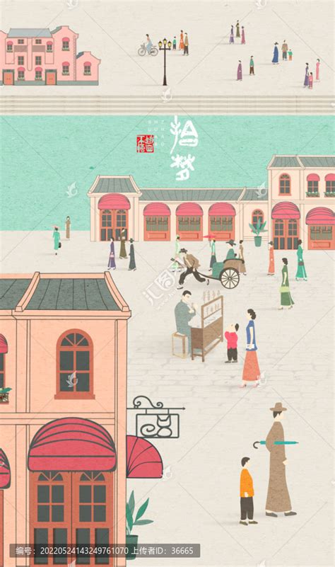 民国风街景建筑插画拾梦系列,文化艺术,设计素材,设计模板,汇图网www.huitu.com