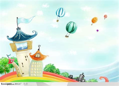 手绘卡通小房子和漂浮的热气球 - 素材公社 tooopen.com
