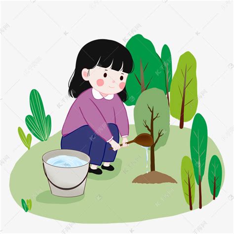 植树节绿树女孩给小树苗浇水PSD免扣素材图片免费下载-千库网