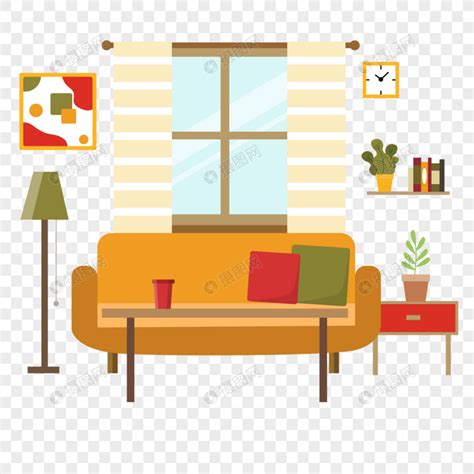 客厅房间起居室扁平风格黄白条纹窗帘和家居元素素材下载-正版素材402082519-摄图网