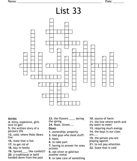 List 33 Crossword - WordMint