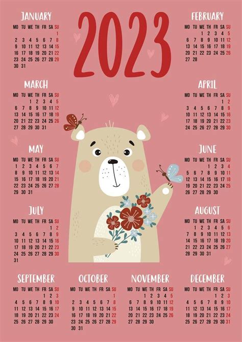 2023年日历上有可爱的熊和一束鲜花和蝴蝶。矢量图解。用英语做了12个月的垂直模板.周从星期一开始。文具、印刷、组织者、装饰背景图片免费下载-千库网