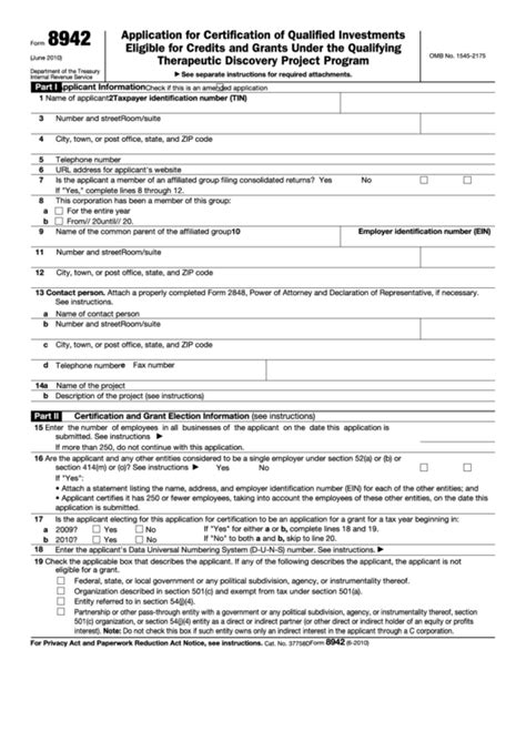 Fillable Form 8942 - Application For Certification Of Qualified ...