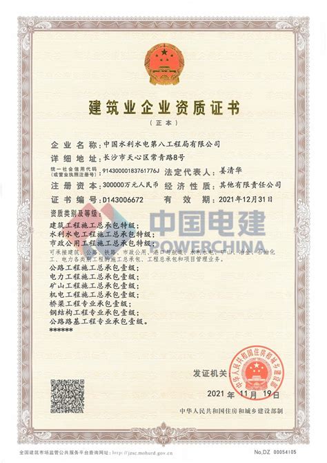 中国水利水电第八工程局有限公司 资质权益 资质证书（国家住建部发）
