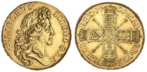 1701年英国威廉三世5几尼金币 NGC AU 58+ William III (1694-1702), Fine Work Five ...