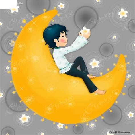 坐在月亮上摘星星插画PSD素材免费下载_红动网