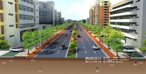 道路景观设计13a工业大道断面+管线透视图 道路园林景观效果图