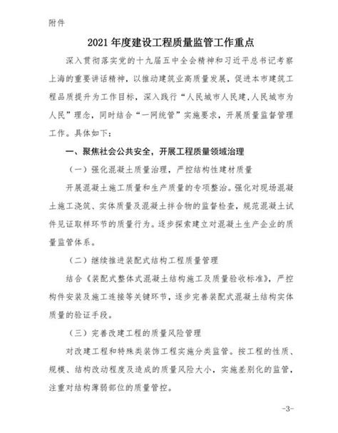 [上海市安质监总站]关于发布《2021年度建设工程质量监管工作重点》的通知 沪建安质监（2021）17号_市总站文件_上海市建筑施工行业协会